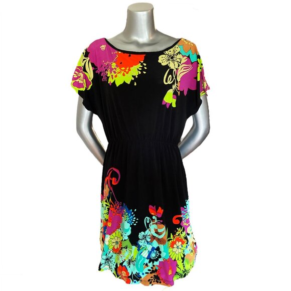 ECI Black Colorful Floral Flutter Sleeve Bohemian Hippie Mini Dress Size 10 - Picture 1 of 9
